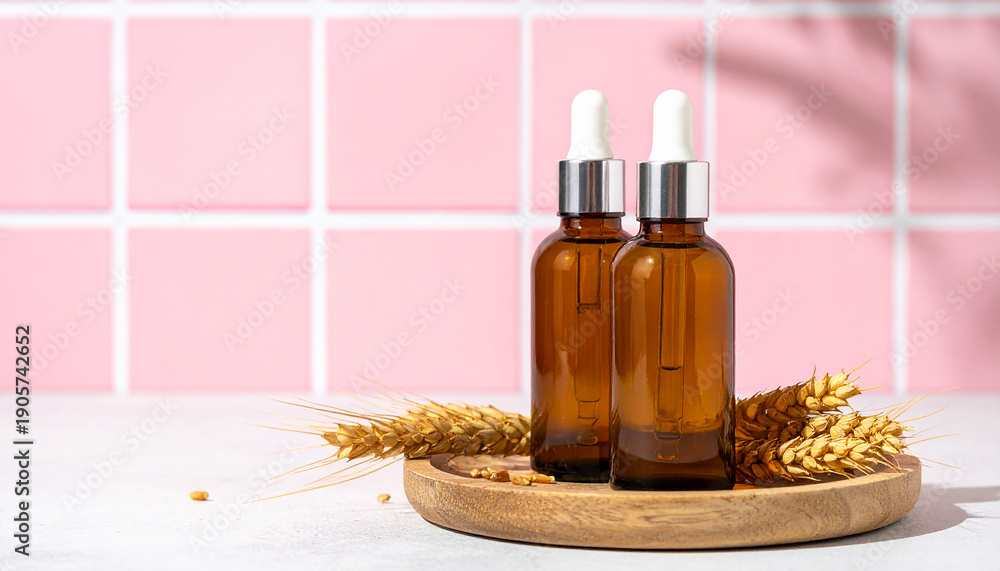 Fototapeta premium Two amber dropper bottles of serum or oil with wheat stalks on a wooden tray against pink tiles