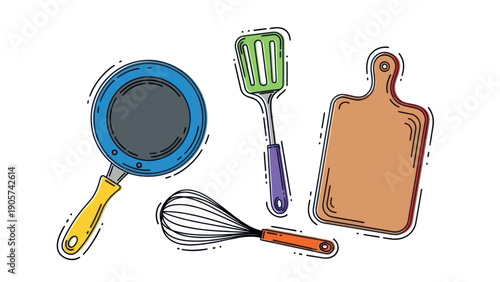 Essential kitchen cooking tools collection including a frying pan slotted spatula whisk and cutting board perfect for culinary themed marketing materials or recipe book publications.