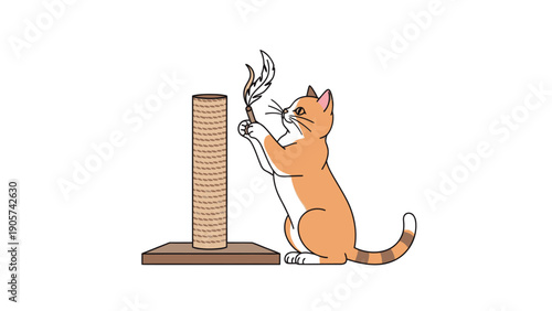 An energetic domestic cat playing with a feather wand toy next to a scratching post, perfect for pet care advertisements and animalthemed promotional materials.