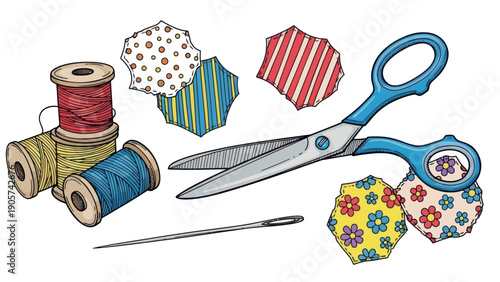 Assortment of vibrant sewing supplies featuring colorful thread spools, sharp tailoring scissors, a sewing needle, and various decorative fabric patches ideal for crafting and textile