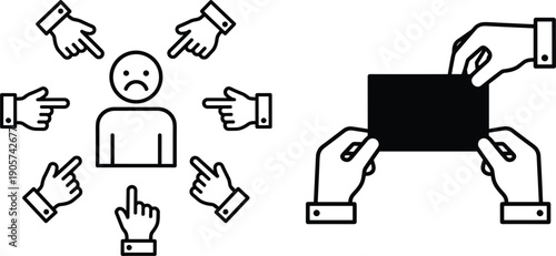 Mental health pressure concept showing depressed person blamed by pointing hands and smartphone bullying illustration vector design graphic