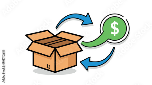 Open cardboard box with circulating blue arrows and a green dollar sign icon symbolizing product return, money exchange, or transaction process for financial services promotions