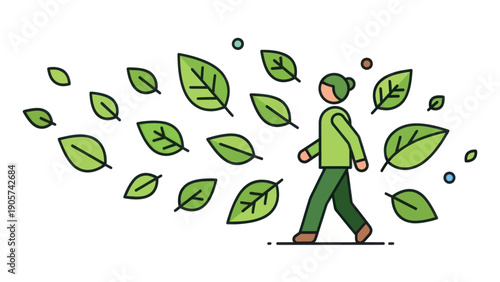 Simplistic vibrant green leaves float around a walking person, representing natural wellbeing and environmental consciousness, useful for health, nature, and growth themed presentations.