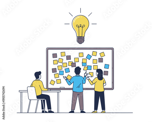A group of people collaborates on a whiteboard with sticky notes, generating creative ideas and solutions in a brainstorming session, symbolizing teamwork and innovation for business