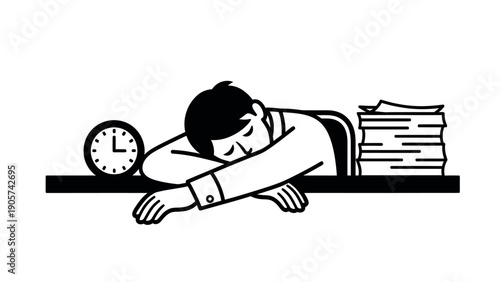 Tired business worker napping at office desk with stacked documents and a timepiece, conveying themes of overwork, stress, and late hours for health and employment resources