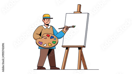 A joyful painter stands with a colorful palette and a brush, adding a vibrant stroke to a canvas on an easel, perfect for representing creativity, hobbies, and educational content.