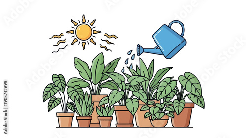 Potted green houseplants thrive under the warm sun and receive water from a blue watering can, perfect for showcasing indoor gardening, plant care, and cultivating a healthy home