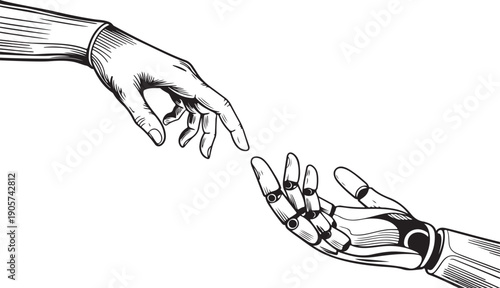 Human hand reaching towards robotic hand artificial