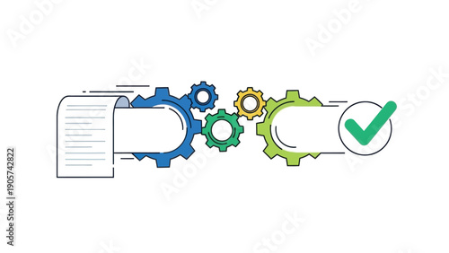 Dynamic business process automation visualization showcasing data flow through interconnected gear mechanisms leading to successful task completion and efficient system operation