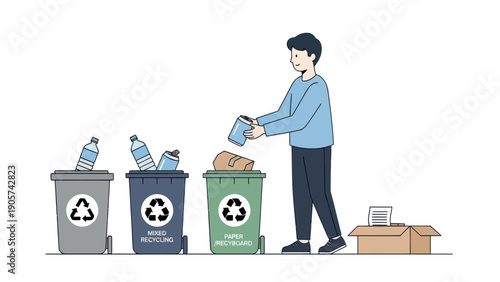 A man properly sorting his waste into different recycling bins, demonstrating good environmental practices for educational and sustainability awareness campaigns.