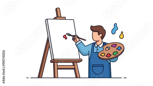 A focused painter applies vibrant colors using a brush and palette onto a blank canvas displayed on an easel, suitable for showcasing hobbies, learning, or practical workshop settings.