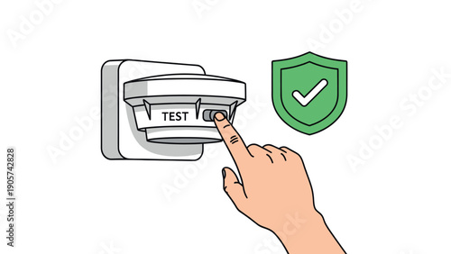 A persons hand presses the test button on a white smoke detector, signifying home fire safety and regular maintenance for residential and commercial property security.