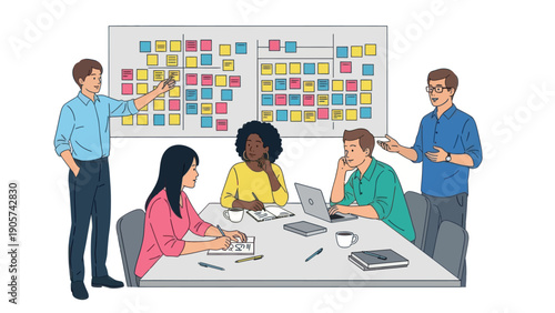 A diverse team of colleagues collaborating in a business meeting, actively discussing project tasks on a whiteboard with sticky notes and using laptops for a successful work session