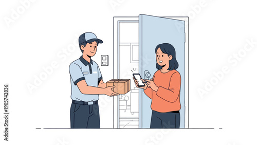 Asian delivery man handing a package to an Asian woman customer who is confirming receipt on her smartphone at her home entrance, ideal for ecommerce, logistics, or express delivery service