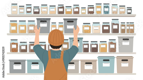 Person organizing a home pantry with multiple shelves neatly filled with labeled glass jars and storage boxes containing dry goods creating an efficient and tidy kitchen area