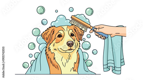 Adorable domestic dog enjoying a soothing bath with a grooming brush and soap bubbles for pet care services and veterinary clinic promotions