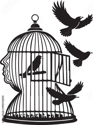 A black silhouette vector illustration of an old bird and wild birds in a cage dreaming of eagle wings and the freedom of flight