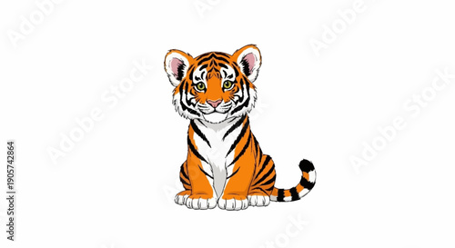 Cute cartoon tiger cub sitting and looking forward.