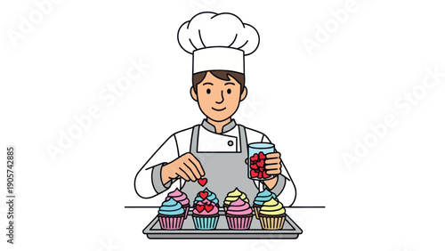 A cheerful baker meticulously decorates a tray of colorful cupcakes with delicate heartshaped sprinkles, perfect for confectionery promotions, bakery advertisements, and dessert packaging