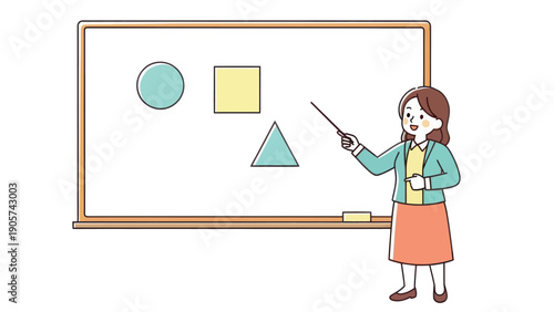 Friendly Asian female teacher explaining basic geometric shapes on a classroom whiteboard, ideal for educational materials, school presentations, and online learning content.