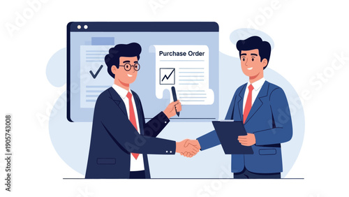 Two professional businessmen in formal suits shaking hands to finalize a business deal or sign a purchase order document online, ideal for illustrating contract agreements, financial