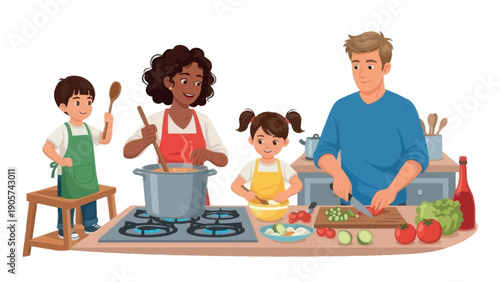 A multiethnic family, including a Black mother and Asian daughter, happily cooking a healthy meal together in their kitchen, ideal for lifestyle promotions or food blogs.