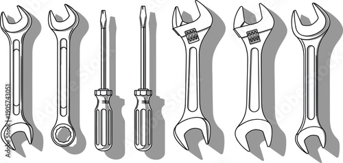 Realistic wrench and screwdriver tools set mechanical repair equipment vector illustration isolated workshop maintenance collection design