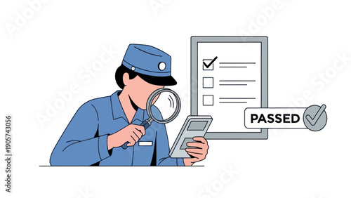 A uniformed inspector conducts a thorough review using a magnifying glass to ensure quality control, compliance, and successful completion of a task, ideal for business concepts.