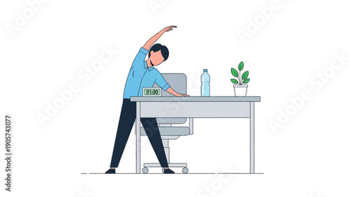 Man taking a refreshing stretch at his office desk with a digital clock and water bottle, illustrating important workplace wellbeing and active breaks for healthy work environment content.