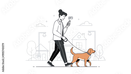 Young woman walking her dog outdoors while engrossed in her mobile phone, depicting modern urban pet ownership and digital connectivity in daily life.