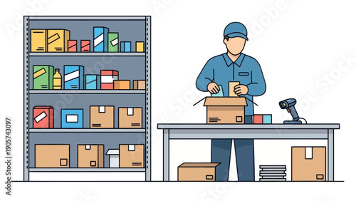 Dedicated warehouse worker in a blue uniform efficiently packing various goods into shipping boxes on a table, ready for order fulfillment and delivery in a busy storage facility setting.
