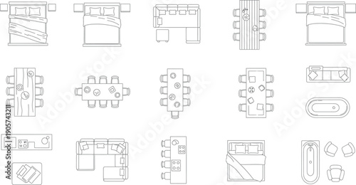 Collection of technical blueprint drawings isolated on transparent background