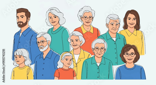 A colorful flat vector illustration of a diverse multigenerational group of people.