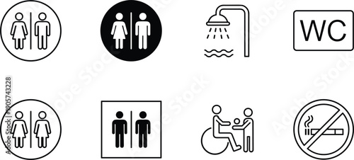 Restroom and hygiene signage icons set toilet shower accessibility symbols public facilities vector collection isolated design