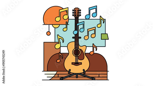 A vibrant graphic depiction of an acoustic guitar on a stand surrounded by colorful floating music notes, ideal for music event promotions, education materials, or creative projects