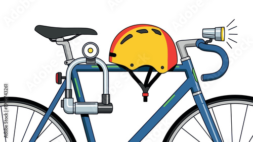 Essential bicycle equipment including a protective helmet, secure U lock, and illuminating front light for promoting safe urban commuting and active outdoor travel.
