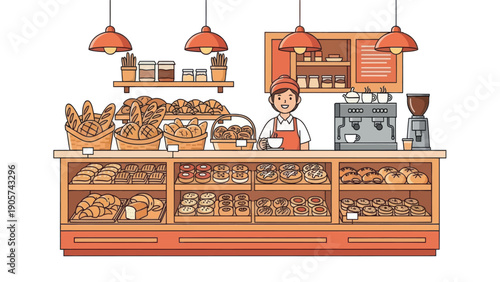 Smiling Asian bakery worker holding coffee behind a modern shop counter filled with fresh bread, croissants, and sweet pastries, ideal for promoting food service businesses and culinary