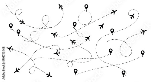 Airplane flight path routes collection, travel map navigation vector set, aviation route illustration, destination location pins, isolated background design