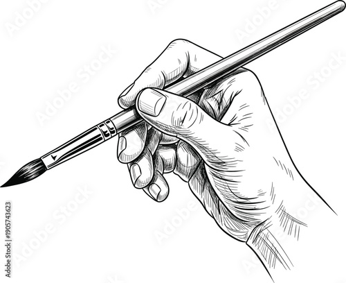 Detailed hand-drawn black and white sketch of a human hand holding a thin paint brush for artistic concepts.