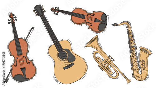 A vibrant collection of diverse musical instruments featuring a classic violin acoustic guitar saxophone and a brass horn ideal for promoting music lessons concerts and cultural events