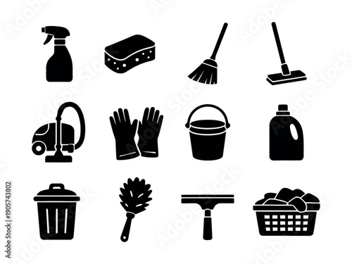 Comprehensive collection of silhouette icons representing essential household cleaning tools and supplies perfect for home maintenance service advertisements or domestic chore checklists