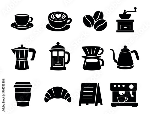 A comprehensive set of black silhouette icons depicting various coffee beverages, brewing equipment, and cafe breakfast items, perfect for cafe menus, websites, or app interfaces.