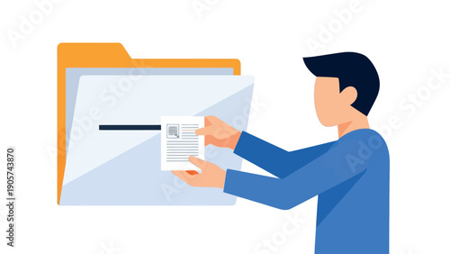 Professional person placing an important document into a digital folder, illustrating efficient file management and organized data storage for business and personal record keeping.