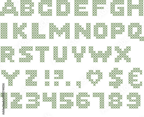 Vector alphabet in cross stitch embroidery style. Decorative needlework font with uppercase letters and numbers. Traditional folk craft design for Christmas or handmade projects