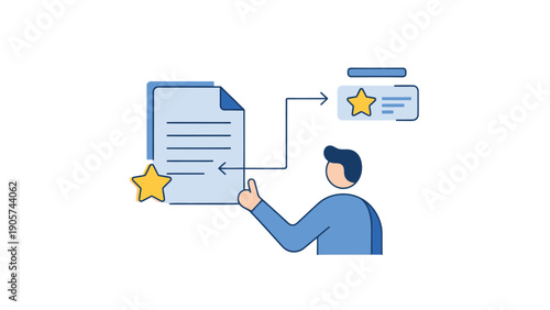 A person evaluates a document and a digital content interface, highlighting the process of feedback, ranking, or selection for business analysis and online service management.