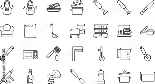 Kitchen appliances and professional tools line icon set featuring immersion blender, meat grinder, and coffee maker.