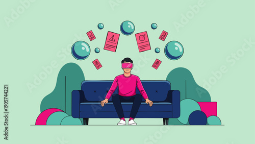 Man wearing VR headset sitting on sofa, experiencing virtual reality with floating cards and bubbles