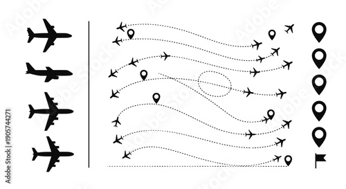 Airplane route navigation elements set, flight path lines, destination pins, aircraft silhouettes vector collection, travel aviation illustration isolated background
