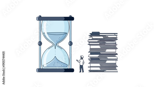 A small man standing next to a large hourglass and a tall stack of folders, symbolizing time pressure and an overwhelming workload for business productivity and project management.