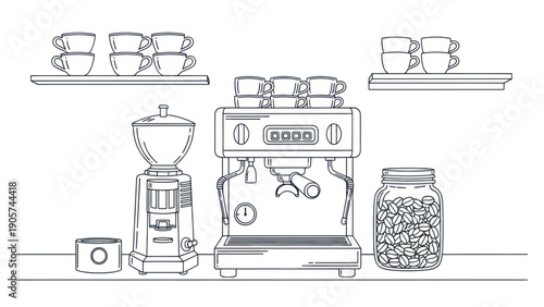 Complete coffee station setup featuring an espresso machine grinder and storage jar with stacked cups on shelves perfect for cafe beverage or home kitchen decor